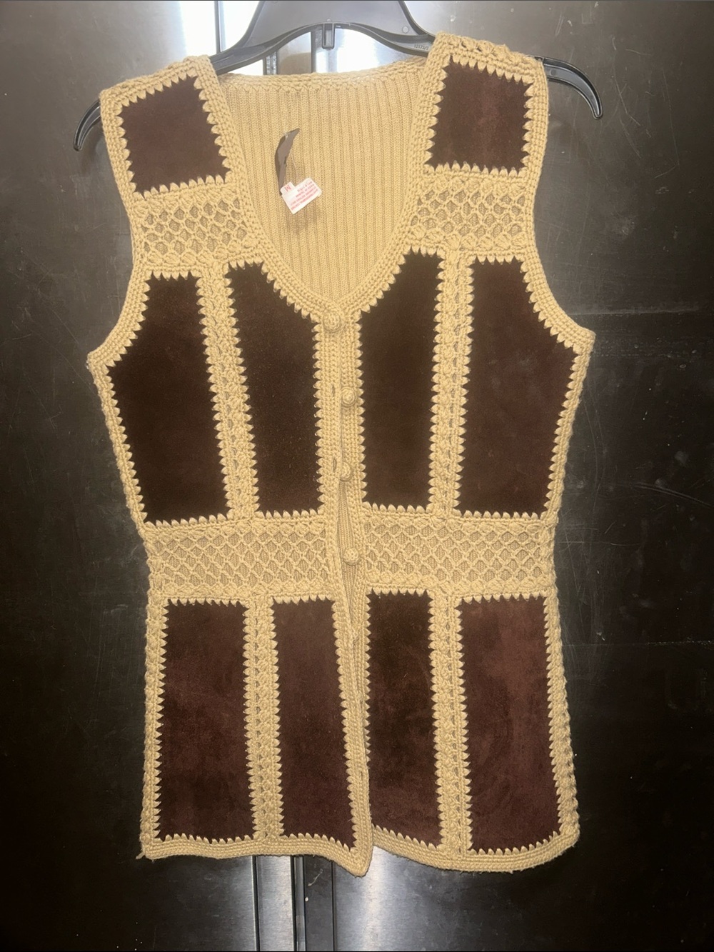 Vintage 70’s Tarri Crochet Trim Suede patchwork Vest in Tan and Brown